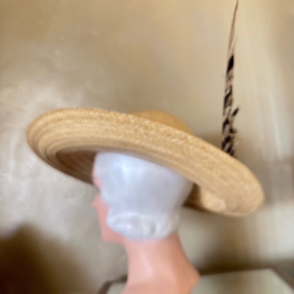 ASTOUNDING VINTAGE STRAW WIDE BRIM HAT + VERY LONG BLACK/IVORY BANDED FEATHER main image 9